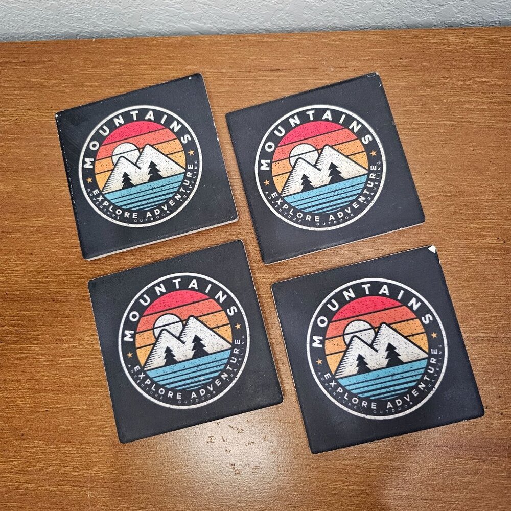 Drink Coasters, set of 4, cork backing, Mountains Adventure Awaits
